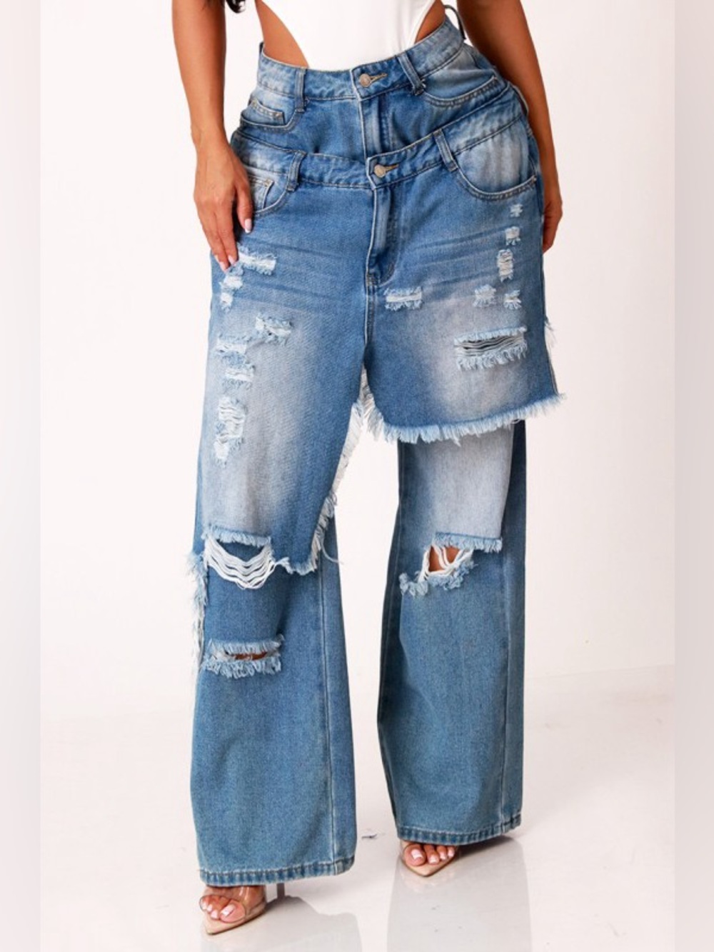 Distressed Double-Layer Wide Leg Denim -Dark Blue